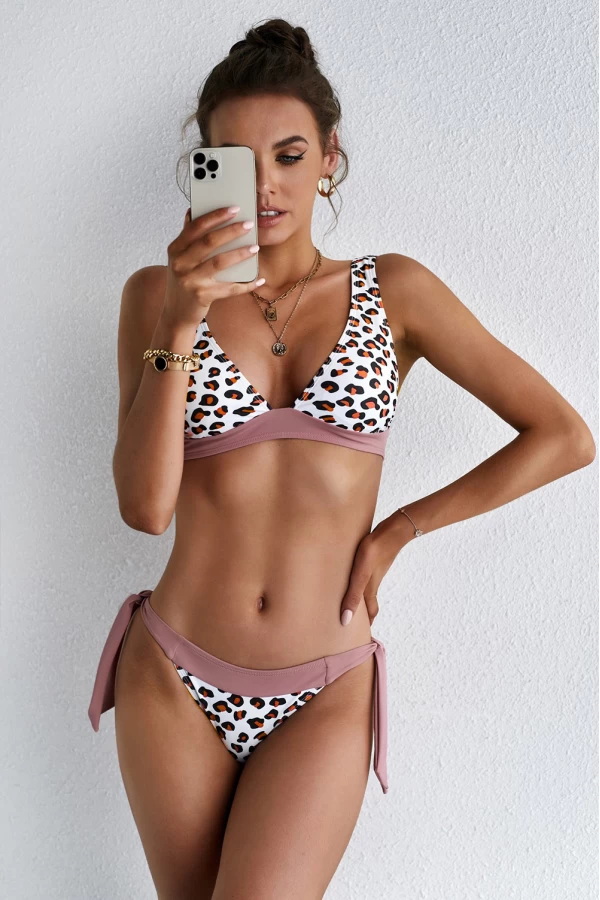 Dusty Rose Pink Leopard Bowknot Bralette Bikini Top & Tie Side Thong Bottom